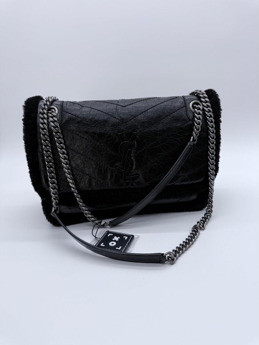 YSL SAINT LAURENT Black Shearling Calfskin Medium Niki Bag